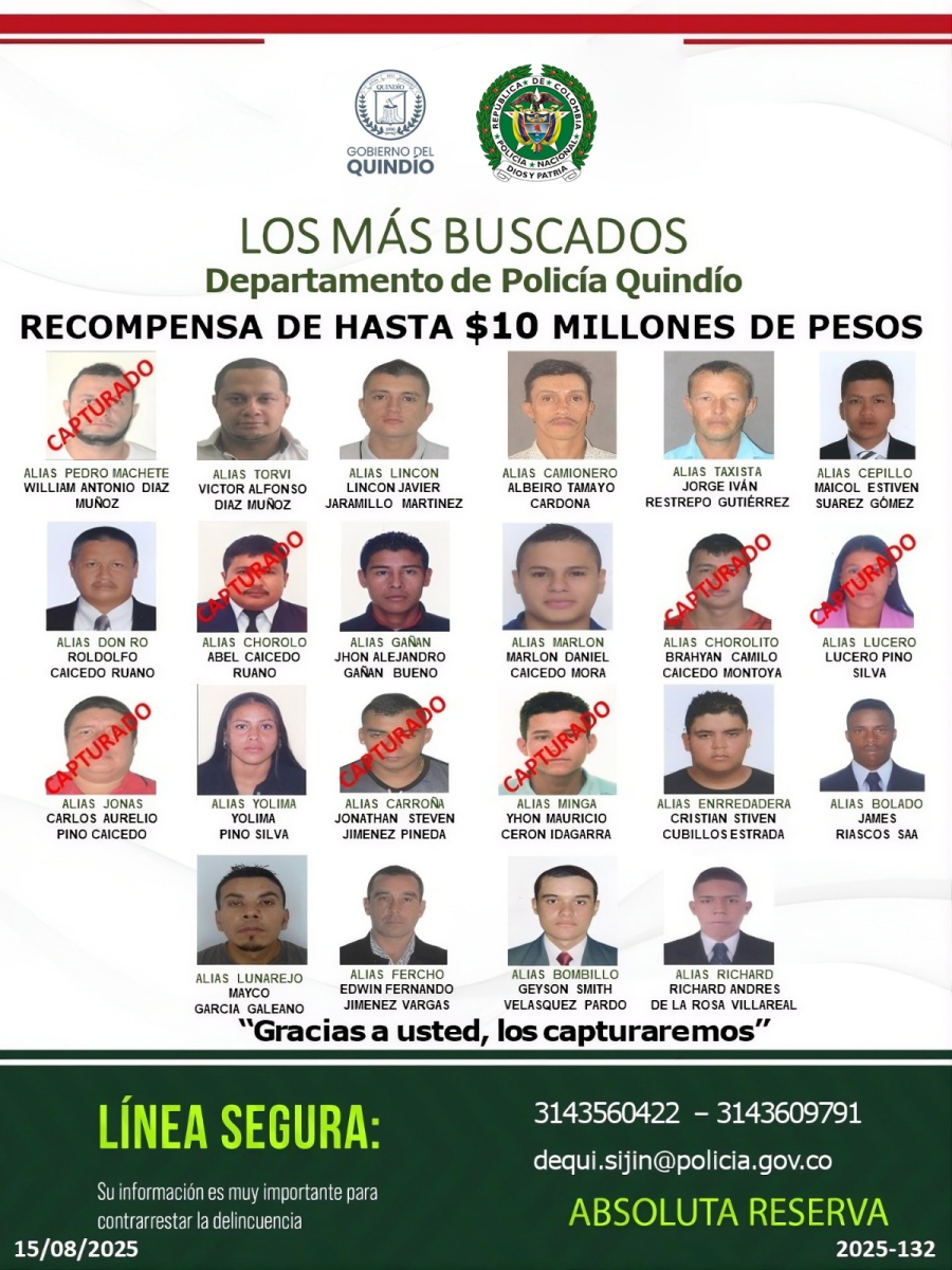 Cerco total al crimen: hasta $10 millones de recompensa por los más buscados del Quindío