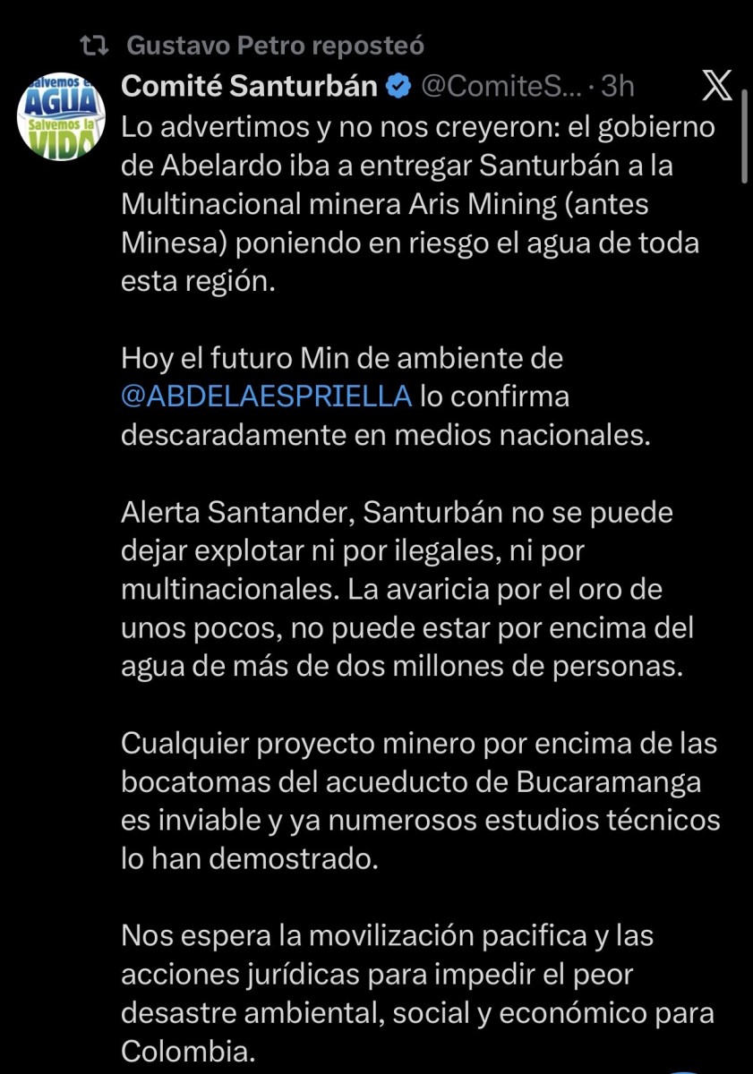 Petro comparte mensaje del Comité Santurbán que alerta sobre posible explotación minera en el páramo